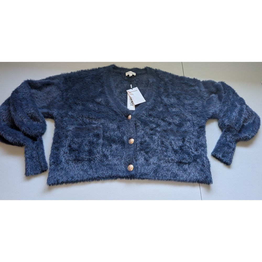 NWT L'Agence Harriet Fuzzy Knit Blouson Sleeve Cardigan Size L Indigo #3C509 - Picture 2 of 12